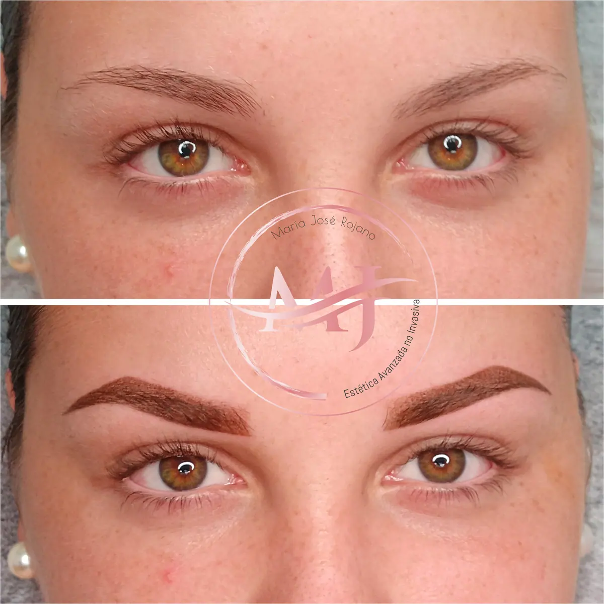 Cejas de una clienta antes (arriba) y después (abajo) del microblading