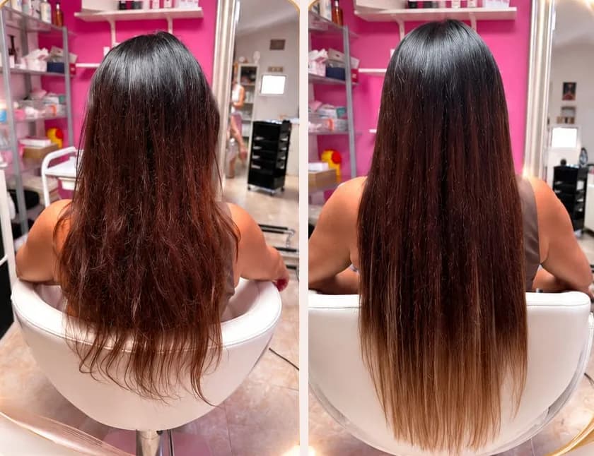Cabello largo visto de espaldas antes (izquierda) y después (derecha) de colocar extensiones